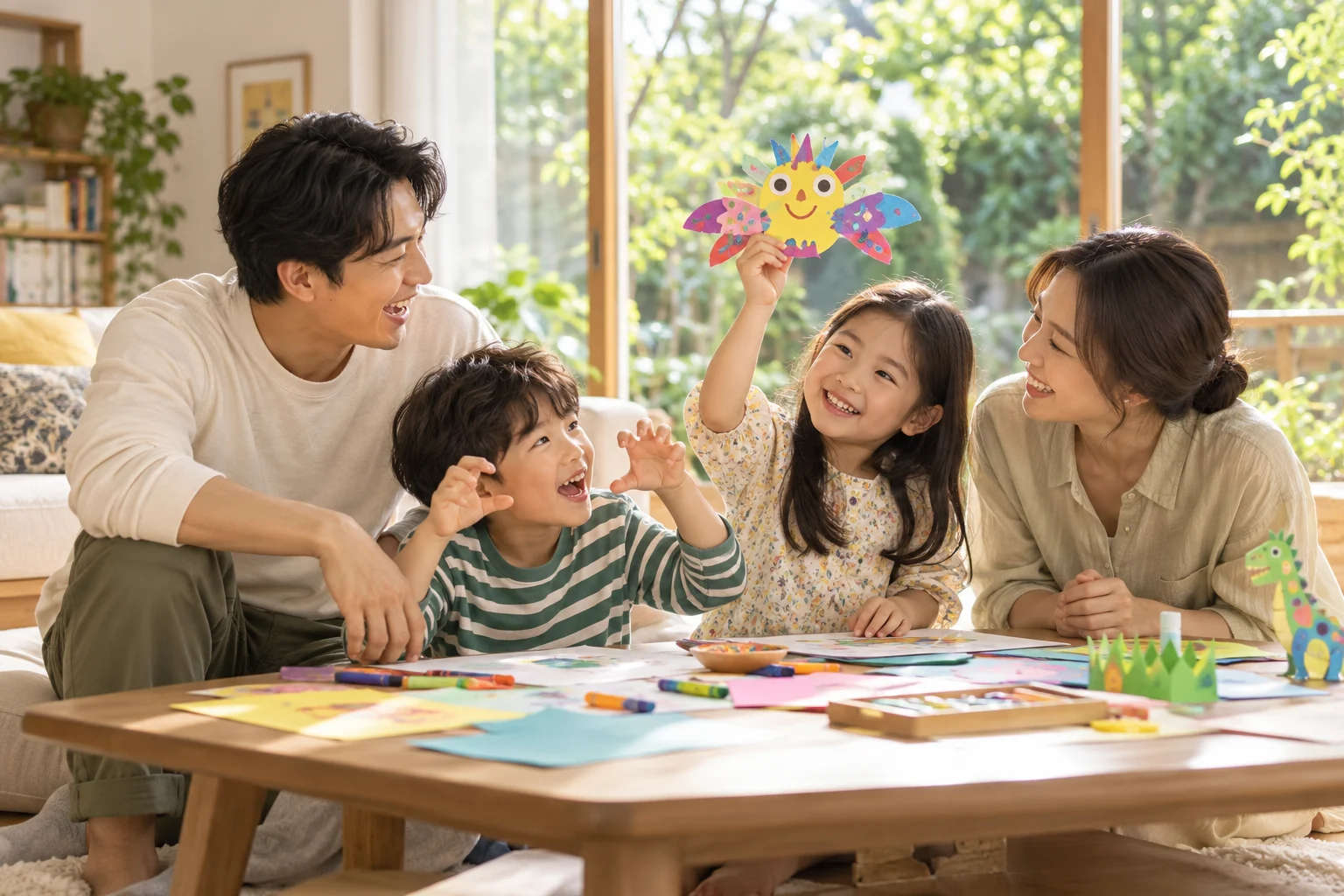 Parents and children smiling together over their handmade paper artwork