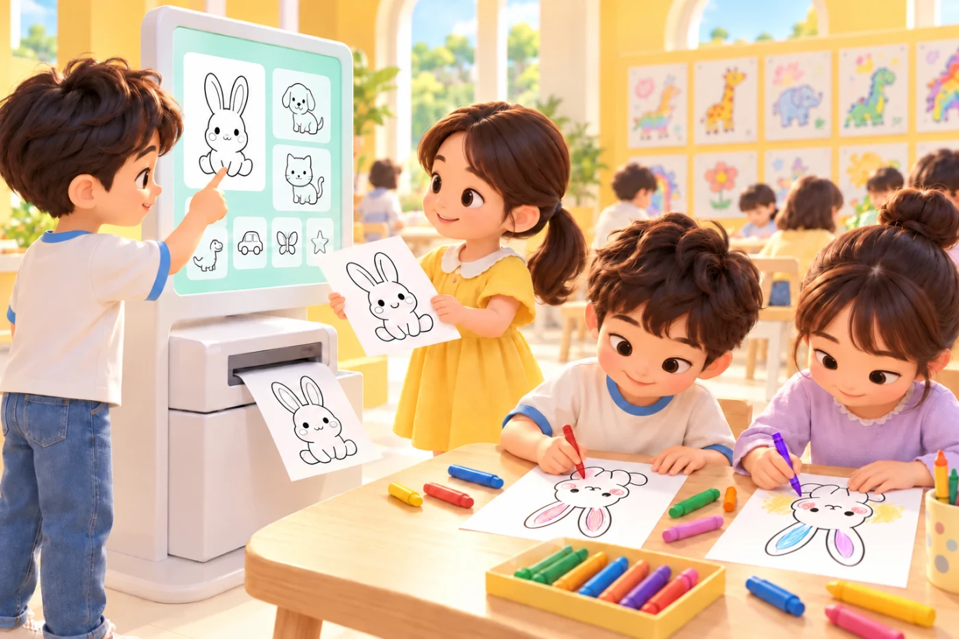 Children printing, collecting and coloring their templates