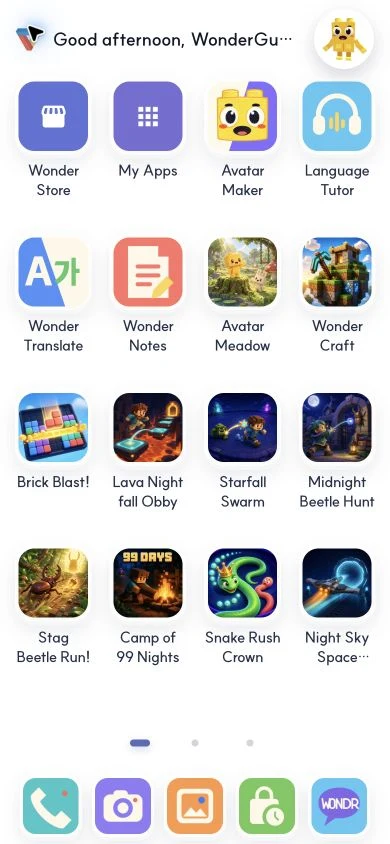 Wonder Bricks mobile Home showing installed apps